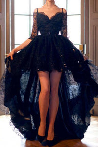 A-Line Off-the-Shoulder High Low Navy Blue Lace Prom/Homecoming Dress LPD76 | Cathyprom