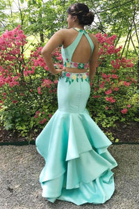 Two Piece Mermaid Jewel Sweep Train Blue Satin Open Back Prom Dress with Appliques Ruffles L16