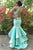 Two Piece Mermaid Jewel Sweep Train Blue Satin Open Back Prom Dress with Appliques Ruffles L16