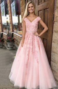 A-Line V-Neck Sweep Train Pink Tulle Prom Dress with Appliques Beading Q22