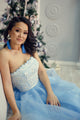 A-Line Strapless Floor-Length Light Blue Prom Dress with Lace Beading D10