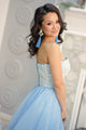 A-Line Strapless Floor-Length Light Blue Prom Dress with Lace Beading D10