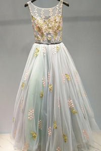 Elegant A Line Sweep Train Sleeveless Appliques Backless Long Tulle Prom Dress Formal Evening Dress OHC311 | Cathyprom