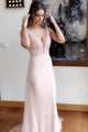Sheath Deep V-Neck Sweep Train Pearl Pink Chiffon Prom Dress with Beading OHC099 | Cathyprom