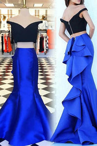 Fashion Two Piece Off the Shoulder Short Sleeves Tiered Royal Blue Mermaid Prom Dress LPD52 | Cathyprom