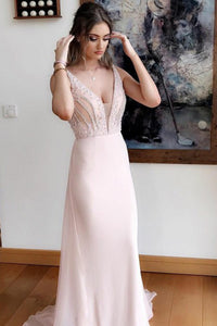 Sheath Deep V-Neck Sweep Train Pearl Pink Chiffon Prom Dress with Beading OHC099 | Cathyprom