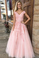 A-Line V-Neck Cap Sleeves Pink Tulle Beaded Appliques Prom Dress OHC102 | Cathyprom