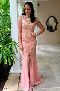 Sheath Bateau Cap SLeeves Floor-Length Pink Prom Dress with Appliques OHC092 | Cathyprom