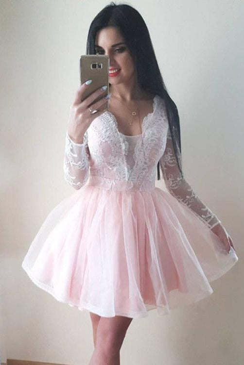 Long Sleeve Homecoming Dresses V neck A line Pink Short Prom Dress Par cathyprom Long Sleeve Homecoming Dresses V neck A line Pink Short Prom Dress Par cathyprom