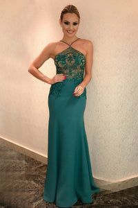 Mermaid Cross Neck Floor-Length Dark Green Satin Prom Dress with Beading Q91