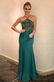 Mermaid Cross Neck Floor-Length Dark Green Satin Prom Dress with Beading Q91