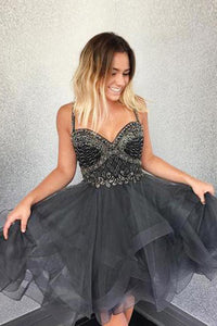Spaghetti Straps Grey Short Homecoming Dresses with Beading OHM073 | Cathyprom