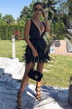 Stylish Deep V Neck Black Short Homecoming Dresses with Feather OHM079 | Cathyprom