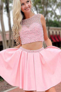 Chic Two Piece Bateau Short Homecoming Dresses with Beading OHM084 | Cathyprom