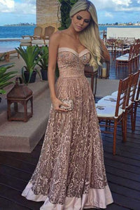 A-Line Sweetheart Floor-Length Champagne Lace Prom Dress with Beading OHC093 | Cathyprom