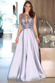 A-Line Crew Sweep Train Silver Satin Sleeveless Prom Dress with Appliques Q56