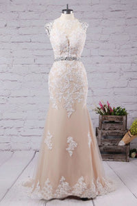 Mermaid Jewel Sweep Train Open Back Champagne Tulle Prom Dress with Applqiues Beading P23