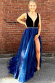 A-Line Deep V-Neck Sweep Train Split Royal Blue Lace Beaded Prom Dress Q53
