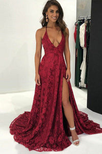 A-Line Deep V-Neck Sweep Train Dark Red Split Sleeveless Lace Backless Prom Dress C16