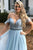 A-Line Square Sweep Train Cold Shoulder Blue Chiffon Prom Dress with Beading Lace D21