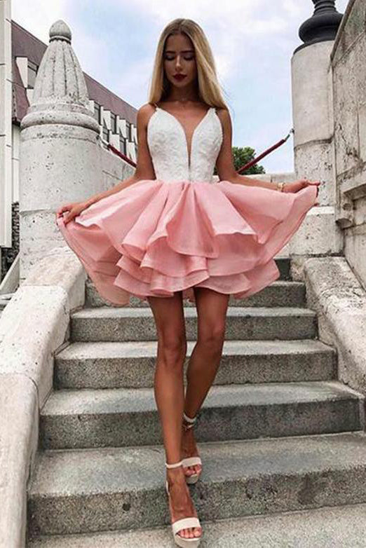 Sleeveless Short Homecoming Dresses Online Deep V Neck Appliques OHM08 – cathyprom