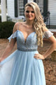 A-Line Square Sweep Train Cold Shoulder Blue Chiffon Prom Dress with Beading Lace D21