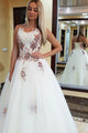 A-Line Sweetheart Sweep Train White Tulle Prom Dress with Appliques Beading C18