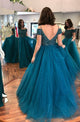 Ball Gown Off-the-Shoulder Sweep Train Dark Blue Tulle Prom Dress with Beading Q46