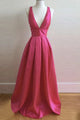 A-line Deep V-neck Criss-Cross Straps Floor Length Rose Pink Prom Dress with Pleats LPD27 | Cathyprom