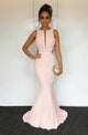 Mermaid Jewel Sweep Train Pink Satin Cut Out Sleeveless Prom Dress Q23