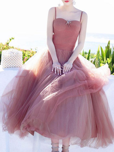 Chic A-line Spaghetti Strap Tea Length Sleeveless Simple Long Tulle Prom Dresses Evening Dress OHC282 | Cathyprom