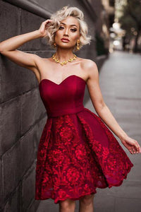 Chic Burgundy A Line Sweetheart Sleeveless Lace Short Tulle Homecoming Party Dress OHM100 | Cathyprom