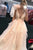 A-Line Deep V-Neck Sweep Train Pearl Pink Striped Tulle Prom Dress with Flower Ruffles Z8