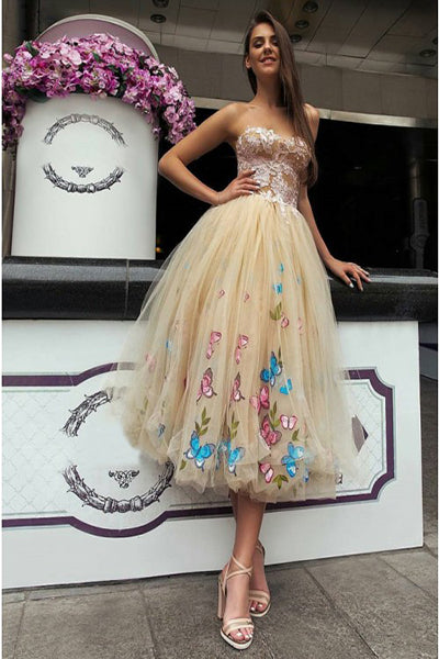 A-Line Sweetheart Tea-Length Beige Tulle Prom Dress with Appliques Ple cathyprom A-Line Sweetheart Tea-Length Beige Tulle Prom Dress with Appliques Ple cathyprom