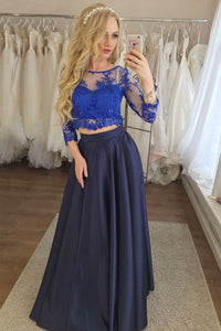 Two Piece Round Neck 3/4 Sleeves Dark Blue Prom Dress with Appliques CAD62 | Cathyprom