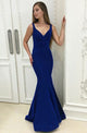 Mermaid Deep V-Neck Sweep Train Navy Blue Velvet Lace Up Prom Dress Z42