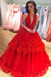 A-Line Deep V-Neck Red Tulle Sleeveless Prom Dress with Flowers Ruffles Z22