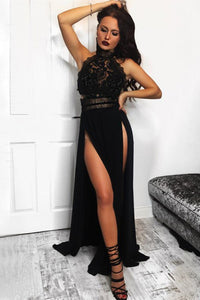 A-Line High Neck Floor-Length Black Prom Dress with Lace Split LPD85 | Cathyprom