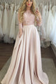 Two Piece Crew 3/4 Sleeves Floor-Length Pink Prom Dress with Lace Pockets LPD80 | Cathyprom