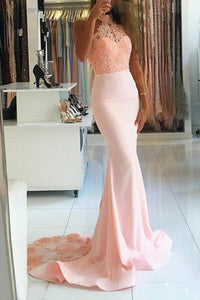 Mermaid High Neck Sweep Train Pink Satin Prom Dress with Beading Lace P11