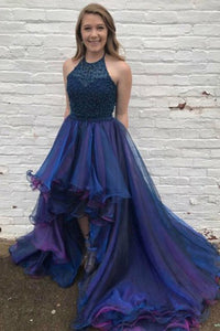 A-Line Halter Court Train High Low Royal Blue Tulle Beaded Ruffles Prom Dress Q58|Cathyprom