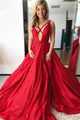 A-Line Deep V-Neck Court Train Red Satin Criss-Cross Straps Sleeveless Prom Dress C19
