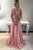 A-Line Jewel Sweep Train Criss-Cross Straps Blush Satin Prom Dress with Beading Q95