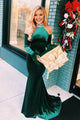 Mermaid High Neck Cold Shoulder Long Dark Green Velvet Prom Dress with Beading Feathers OHC031 | Cathyprom