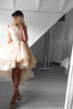 Chic Bateau Sleeveless Hi-Low Light Daffodil Tiered Organza Prom Dress with Lace L23