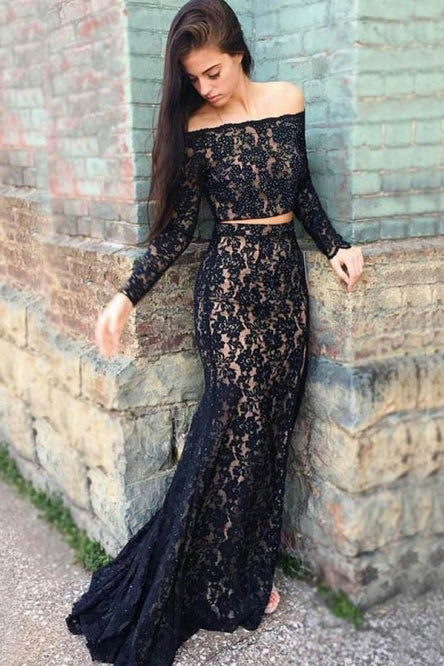 Two Piece Off-the-Shoulder Long Sleeves Black Lace Prom Dress OHC057 cathyprom Two Piece Off-the-Shoulder Long Sleeves Black Lace Prom Dress OHC057 cathyprom
