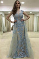 Mermaid Crew Detachable Light Blue Tulle Appliques Prom Dress with Beading Q49