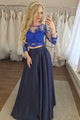 Two Piece Round Neck 3/4 Sleeves Dark Blue Prom Dress with Appliques CAD62 | Cathyprom