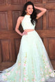 Two Piece Jewel Sweep Train Mint Lace Sleeveless Open Back Prom Dress with Appliques D20