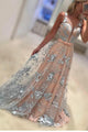 A-Line Bateau Sweep Train Coral Lace Prom Dress with Bowknot C20